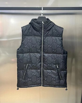 Replica Gucci Men’s GG Jaquard Hooded Down Vest in Black