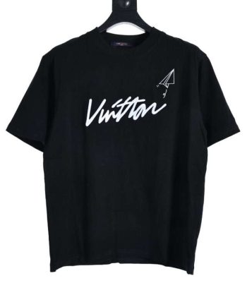 Replica Louis Vuitton Letter Paper Airplane Embroidered T-Shirt Unisex For Black