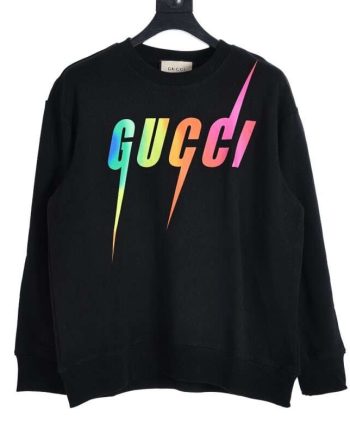 Replica Gucci Rainbow Gradient Lightning Print Sweatshirt For Unisex Black Apricot