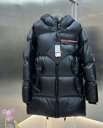 Replica Prada Hooded Red Label Mid-length Down Jackets in Black