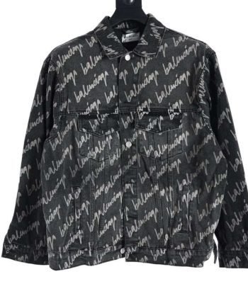 Replica Balenciaga New Signature Graffiti Print Denim Jacket Black Blue