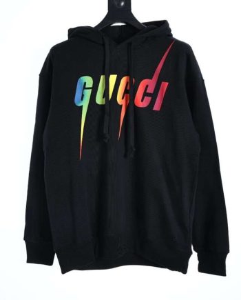 Replica Gucci Rainbow Gradient Lightning Print Hoodie For Unisex Black Apricot