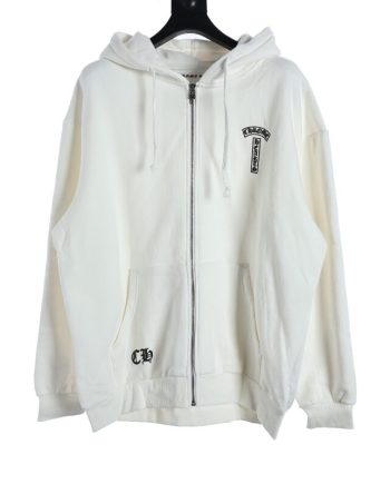 Replica Chrome Hearts Hoodie with Zipper Horseshoe Print on the Back White For Unisex