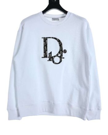 Replica Dior 23FW Embroidered Cotton Round Neck Sweatshirt with Floral Applique Black White