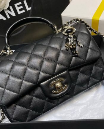 Replica Chanel Lambskin Mini Flap Bag With Top Handle Black with Charms