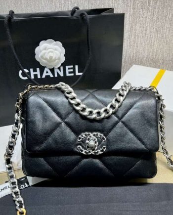 Replica Chanel 19 Small Flap Bag in Black Lambskin Leather Silver Hardware