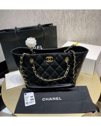 Replica Chanel Grained Calfskin Shopping Tote Bag Black