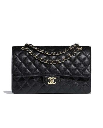 Replica Chanel Black Caviar Rectangular Flap Bag with Light Gold Hardware